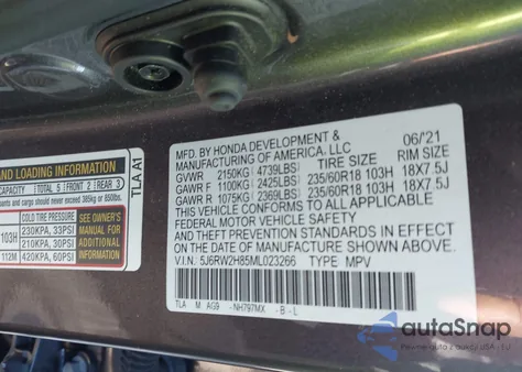 2021 Honda Cr-V Awd Ex-L z USA, uszkodzony, nr VIN 5J6RW2H85ML023266